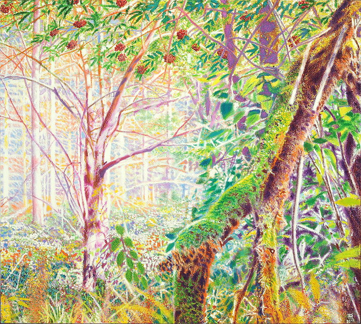 Fred Hahn: Ebereschenurwald2011, Oil auf Baumwolle, 90 x 100 cm