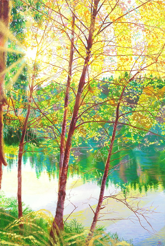 Fred Hahn: Herbstabendsonne ueber SilberteichOil, Goldpastell auf Baumwolle, 2016, 120 x 80 cm