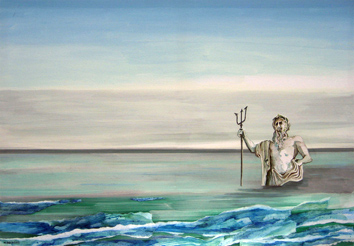 Hannelore_ Beckers: Neptuns ReichAcrylmalerei mit Aquarell-Collage auf Tuch, Keilrahmen 100 x 70 cm
