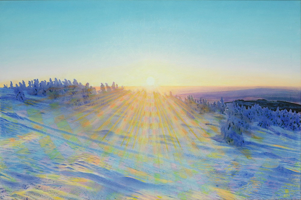 Fred Hahn: BrockenostersonnenaufgangOil auf Baumwolle, 2011, 80 x 120 cm