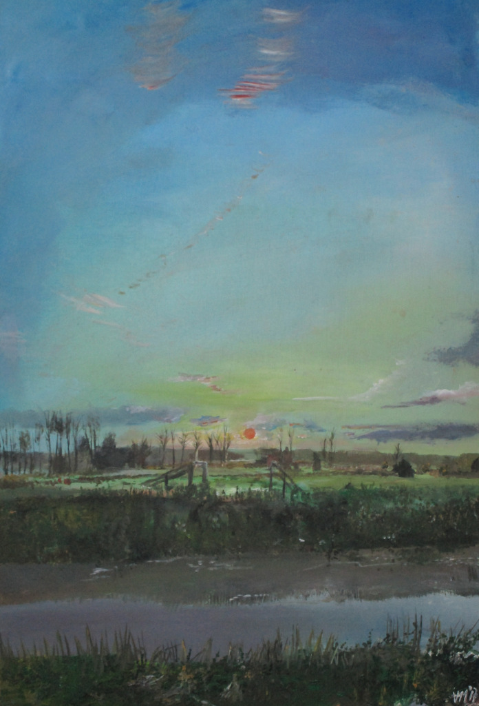 Volker Mersch: Before Sunset at the River BrueAcrylic on wodden board,60x90cm