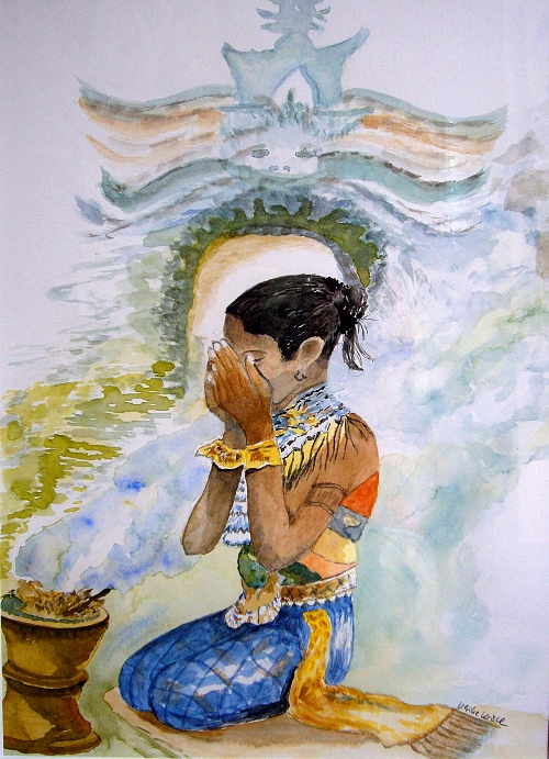 Ulrike Kroell: BalinesinBetende Balinesin vor einem TempelschreinGroesse 42 cm x 30 cm zzgl. mit farblich dazu passendem Rahmen fachgerecht angefertigt