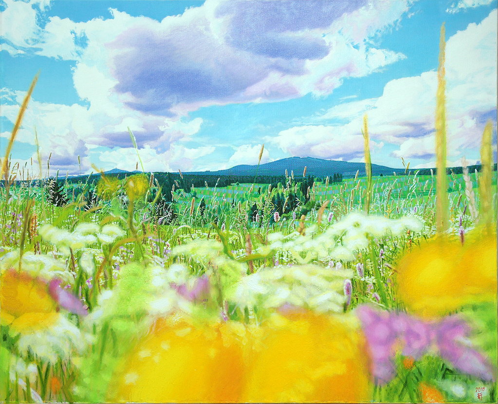 Fred Hahn: Ein Stueck Wiesenfreiheit (Blumen-Berge-Wolken-Licht)Oel, Oelpastell auf Baumwolle, 2019, 130 x 160 cm