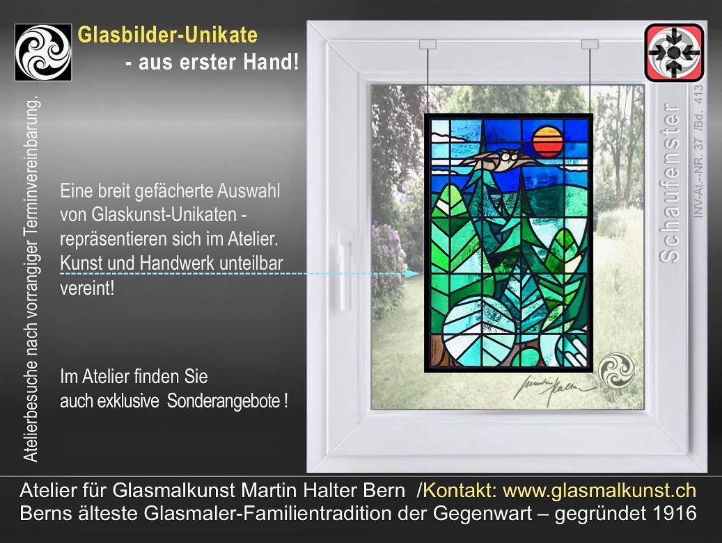 Martin_ART_IN_MARTIN Halter: Glasbilder - Kunst und Handwerk unteilbar vereintGlas-Blei-Komposition, nahezu 200 Einzel-Glasteile zugeschnitten, in Bleiprofile eingefasst, beidseitig verzinnt, als Vorhnge-Glasscheibe zu montieren