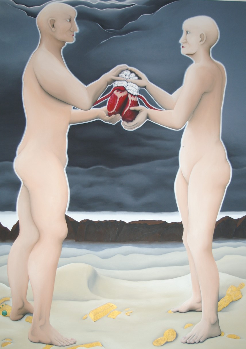 Mareke Mller: Herz und Hirn, l auf Nessel, 140 x 100 cm