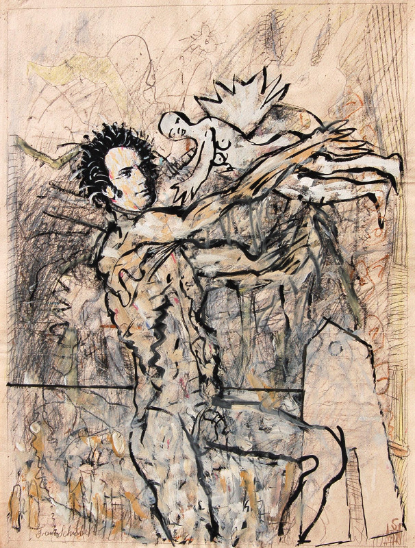 Hannes Scheucher: Franz Schubert1992, Collage-Mischtechnik auf Papier, Gre 59 x 44 cm